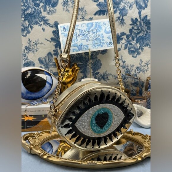 🆕 BETSEY JOHNSON 🧿 NWOT Eyes Have It, Gold Evil Eye Bead Crossbody Bag *FLAW* - Picture 2 of 16